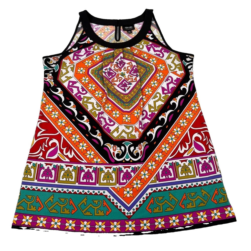 Nicole Miller Tank Top Womens L Boho Geometric Print Sleeveless Festival Artsy